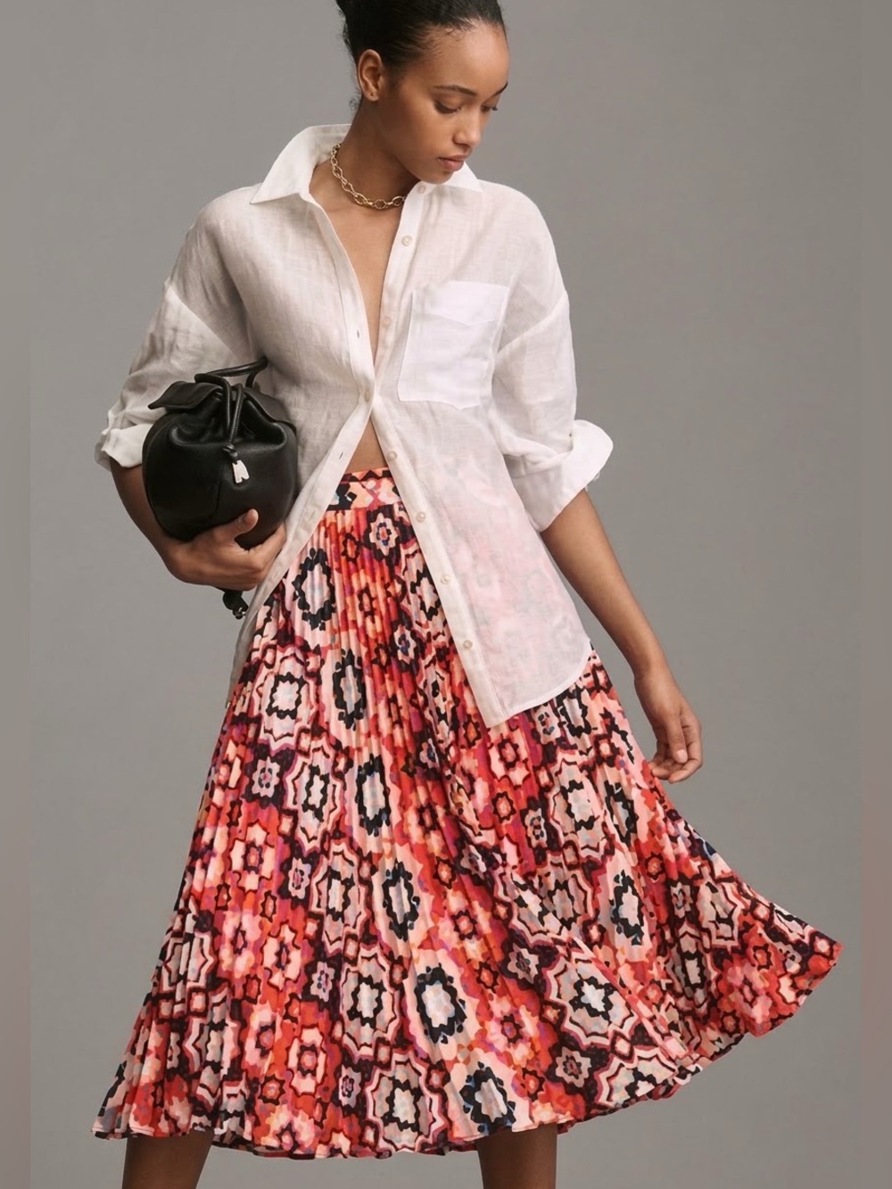 Anthropologie Valerie Pleated Midi Skirt Small Red Blue Career Floral Business